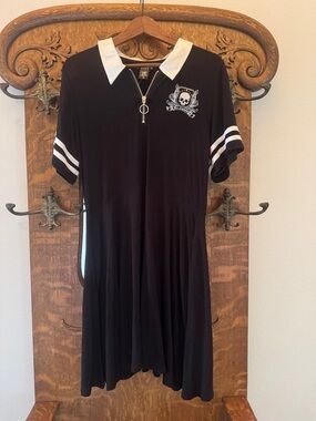 Black Collared Midi Dress with Skull Crest